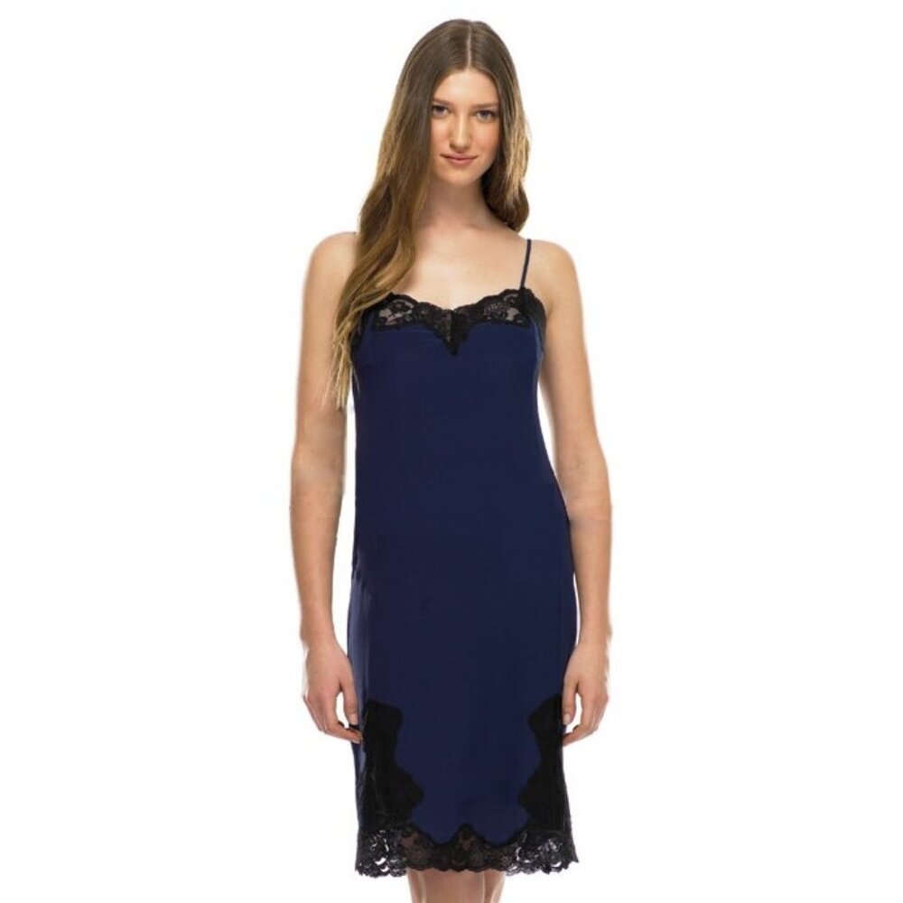 LIBERTINE for Target Silk Slip Dress Dark Blue Black Lace Trim Retro M NWT